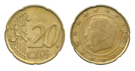 20 Euro cents coin of the Belgium isolated on a white background. The obverse and reverse