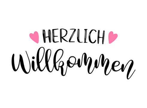 Hand sketched Herzlich Willkommen quote in German. Translated Welcome. Lettering for poster, flyer, header, card, advertisement, announcement..
