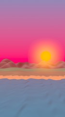 Sun Sea Beach. Sunrise. Ocean shore line with waves on a beach. Island beach paradise with waves. Vacation, summer, relaxation. Seascape, seashore. Minimalist landscape, primitivism. 3D illustration