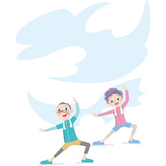 大空で運動をする老夫婦