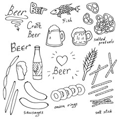 Set with black-and-white beer and various snacks on white background. Vector image.