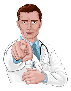 A doctor pointing at the viewer in a wants or needs you gesture. Medical concept