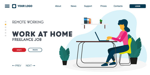 Freelance or study web page concept. Woman or Girl work with laptop. Vector illustration.
