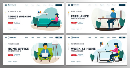 Obraz na płótnie Canvas Set of Freelance or study web pages concept. Girl and Man work with laptop and sitting on the sofa or chair. Vector illustration.