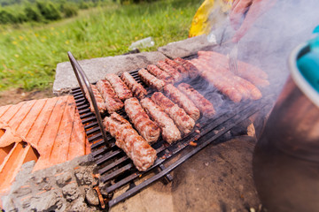 Grilling meat, Barbecue, BBQ party , camping food, outdoor activity