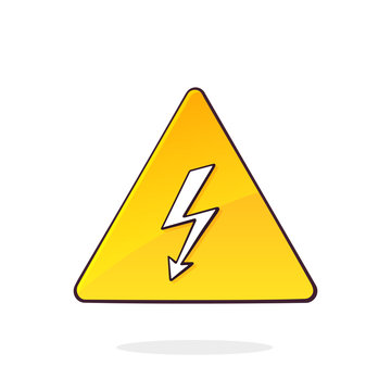 Yellow high voltage symbol with electric lightning. Triangular caution danger sign. Hazard warning sign. Cartoon vector illustration with outline. Clip art Isolated on white background
