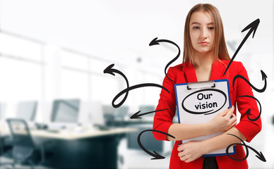 Business, technology, internet and network concept. Young businessman shows a keyword: Our vision