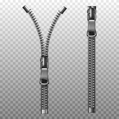3d realistic vector metal zipper in silver open and closed. Isolated on white background. - obrazy, fototapety, plakaty