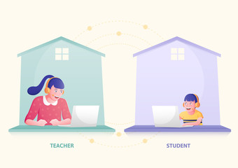 A cute boy student using laptop studying through online e-learning  with a young woman teacher. 