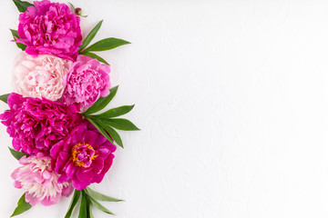 Beautiful  pink peony heads on white background.  Flower background.  Close up, top view, copy space. © geshas
