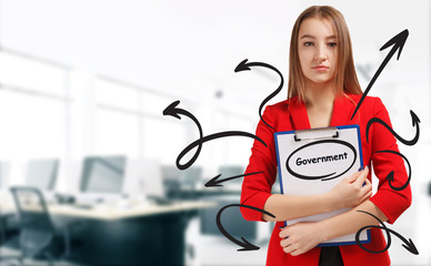 Business, technology, internet and network concept. Young businessman shows a keyword: Government