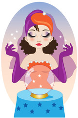 Clairvoyant with orange violet dresses with crystal ball