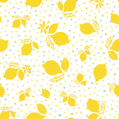 Vector graphic summer lemon citrus dot pattern. Geometric modern summer repeating design. Hand drawn bright citrus fruit pattern with leaf and blossom on dotted background. Classy simple summer