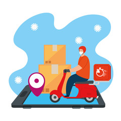 delivery of goods during the prevention of coronavirus, app smartphone logistic with courier worker using face mask in motorcycle vector illustration design