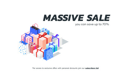 Abstract massive sale banner. Isometric vector gift boxes. Template for special offer design