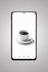 Obraz na płótnie Canvas Black mobile phone mock up-coffee