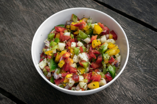 Organic Salsa Salad On Rustic Old Wood Backgrond