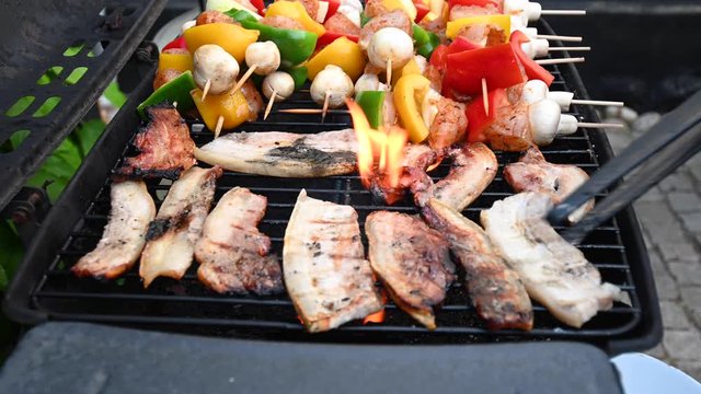 Pork, fish and chicken skewers sizzling on the barbecue, in slow motion, stock footage by Brian Holm Nielsen