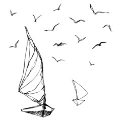 Sketch of a sailboat and flying seagulls above. Simple black and white drawing of flying birds above water