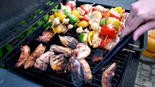 Pork, fish and chicken skewers sizzling on the barbecue, stock footage by Brian Holm Nielsen