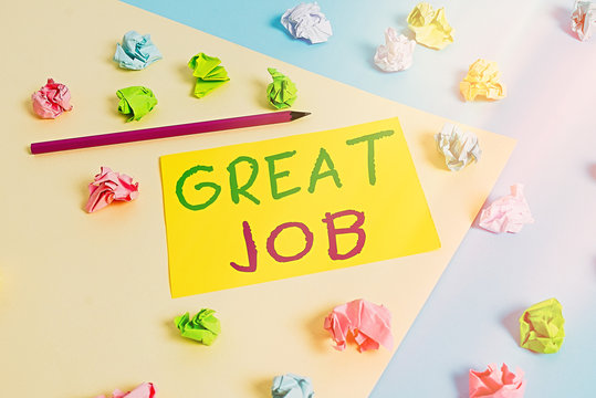 Handwriting text Great Job. Conceptual photo used praising someone for something they have done very well Colored crumpled papers empty reminder blue yellow background clothespin