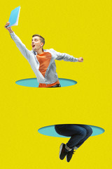 Office man jumping high. A person jumping throught blue paper's cutouts on yellow background....