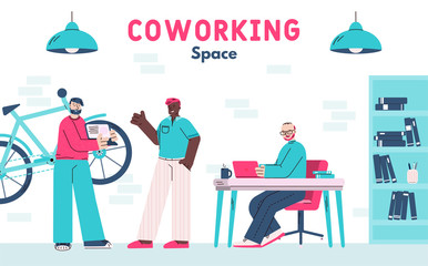 Coworking space with working freelancers flat vector illustration isolated.