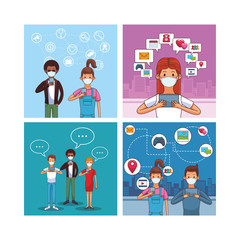 people wearing medical mask and smartphones for stay connected