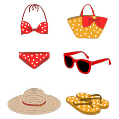 Vector of summer clothes. Bikini, Hat, Sunglasses and beach bag
