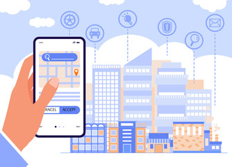Human hand holding smartphone at cityscape backdrop, flat vector illustration.