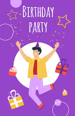 Birthday party invitation template with dancing man cartoon vector illustration.