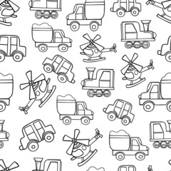 seamless pattern contour transport helicopter ship train truck coloring book simple illustration for kids vector graphics doodle sketch for creativity