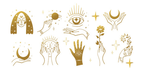Set of golden magic stickers, boho design elements, tattoo, alchemical symbols, esotericism and witchcraft. Linear vector illustration isolated on white background © Salomi art