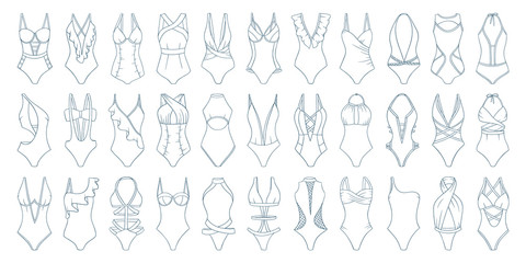 Swimming suits set. Doodle bikini. One piece swimsuits collection. Ladies clothes for summer vacation. Bikini sketch. Swimwear fashion.