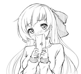 Shy anime girl holding love letter in her hands - obrazy, fototapety, plakaty