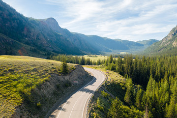 Fototapeta premium Aerial view of scenic road in green mountain valley with pines on a sunny summer morning. Nature landscape in Altai Republic, Siberia, Russia