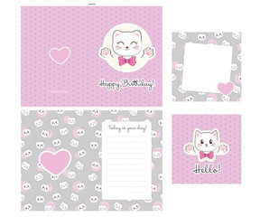 2-sided postcard. Set of birthday, greeting and flower cards with kittens and hearts. Cute cat theme. 
