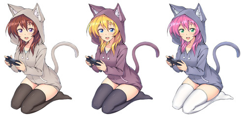 Naklejka premium Set cute gamer anime girl in hoodie holding gamepad playing videogames 