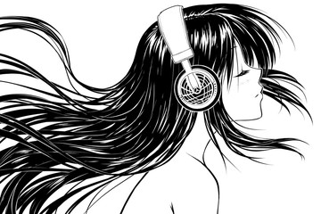 Relaxed anime girl in headphones listening to music - obrazy, fototapety, plakaty