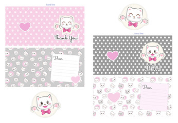 2-sided Postcard Template. Set of gratitude card, celebration card with kittens and hearts. Cute cat theme. Duplex posters. 