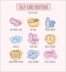 Fototapeta na wymiar Self-care routine to do ideas/list. Vector flat outline line illustration, banner. Set and pack