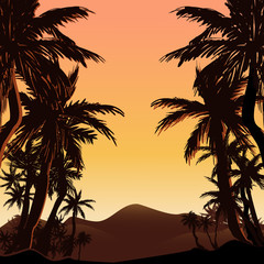 Naklejka na ściany i meble Tropical landscape background with sunset in exotic country with palms silhouettes and mountains in desert.