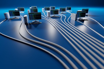 Computer network, cloud computing concept on blue background. Digital 3D render.