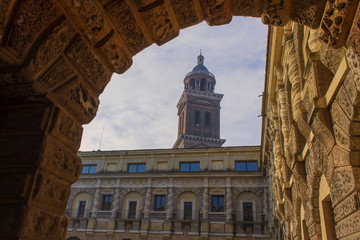 View of the bell tower of Basilica of Saint Andrew in Mantua