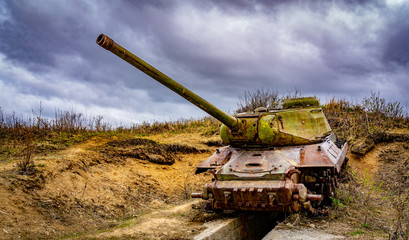 Fototapeta premium Soviet tank T-34 .. World War II. Karafuto. Coastline defense. Sakhalin
