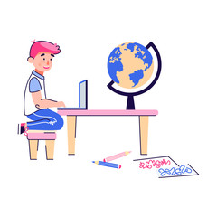 Little boy sits at desk with laptop and globe flat vector illustration isolated.