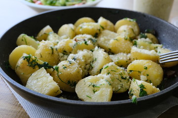 Potatoes with melted cheese and cheese in a pan