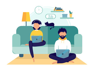 Home office during coronavirus outbreak concept, woman and man work from home with laptops. Vector illustration in flat style. Stay at home. Employees are working from home. Self-isolation.