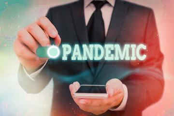 Word writing text Pandemic. Business photo showcasing occurring over a wide area affecting high...