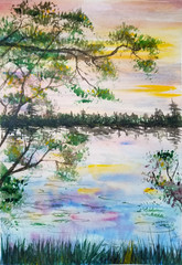 drawn morning landscape with a lake - 353168445